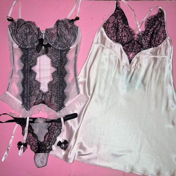 Victoria's Secret UNLINED 34B,36B GARTER CORSET+thong+SLIP Gown Pink Black Lace